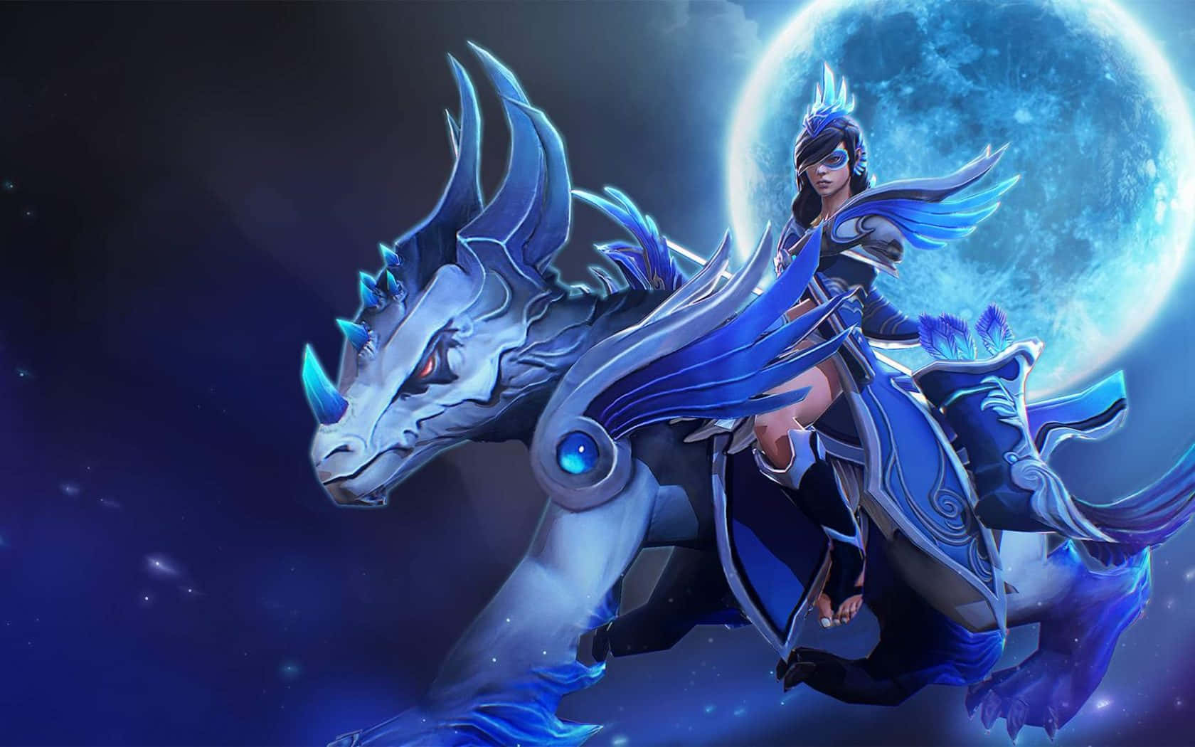 Mirana 桌布 壁紙 — 一位藍髮戰士騎著雄偉的藍龍，在發光的月亮背景下翱翔於宇宙。