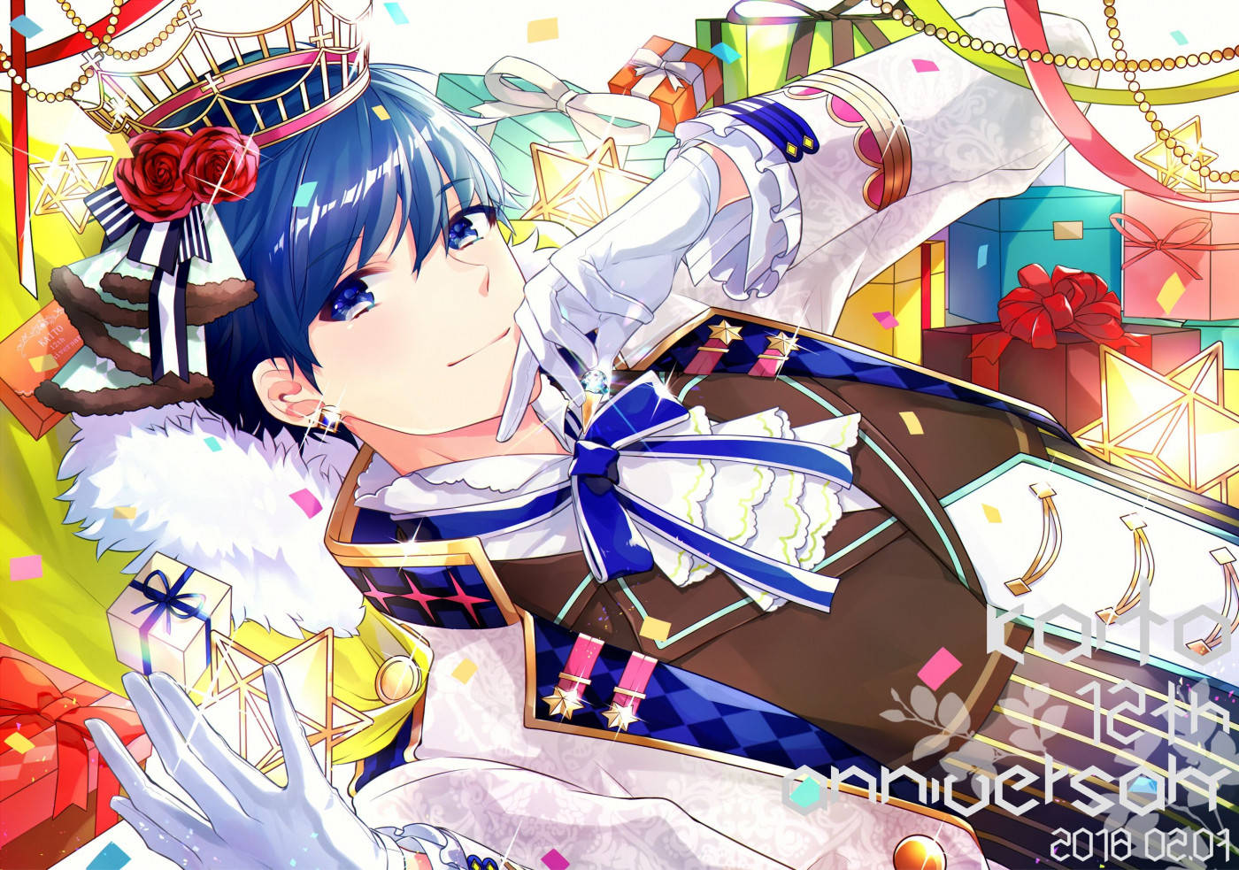 Anime Blue Boy 桌布 壁紙 — 一位藍髮戴皇冠的開朗動漫女孩，在色彩繽紛的禮物和五彩紙屑爆炸中微笑。