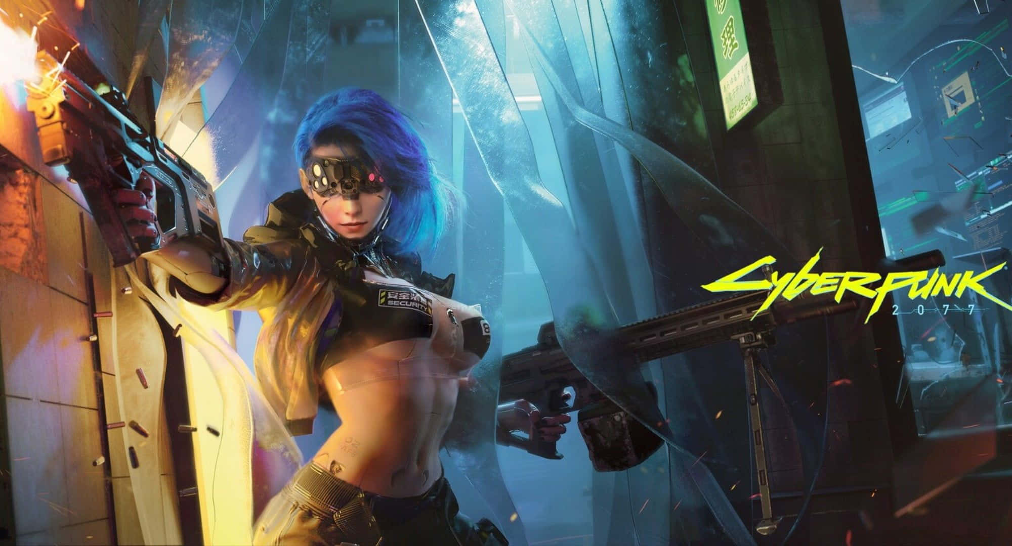 1080p Cyberpunk 2077 桌布 壁紙 — 一位藍髮戴護目鏡的賽博龐克女性，在霓虹燈照亮的未來主義小巷中瞄準發光武器。