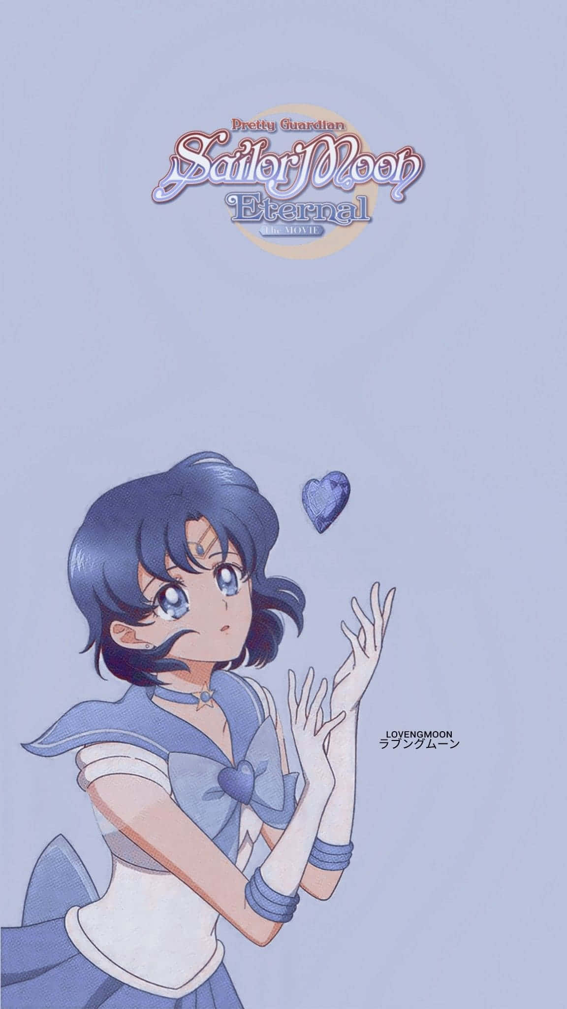 Sailor Mercury 桌布 壁紙 — 一位藍髮水手服動畫女孩在柔和的薰衣草背景上伸手觸摸漂浮的心形。