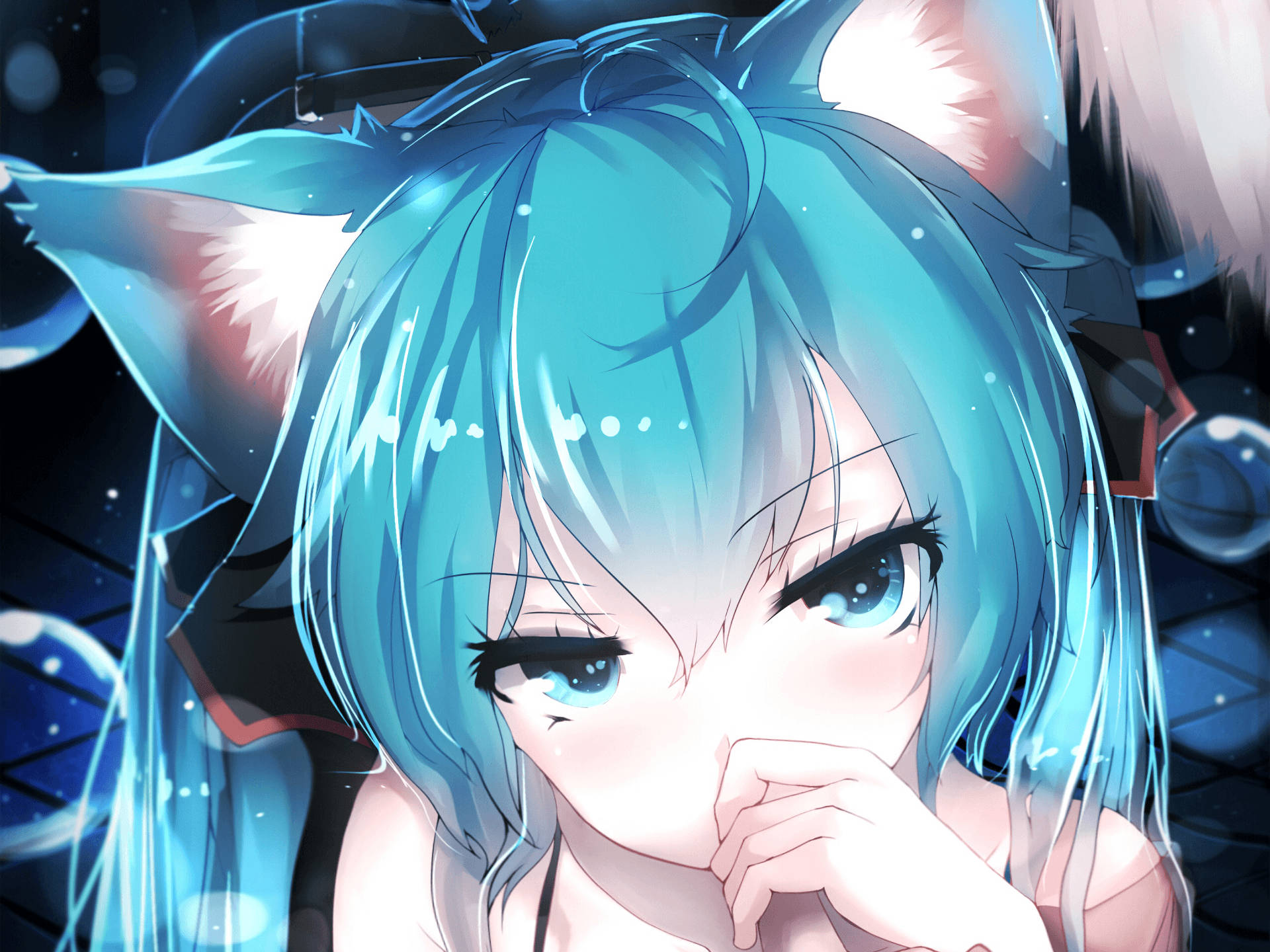 miku 桌布 壁紙 — 一位藍髮狐耳動漫女孩，在星空宇宙背景下，托腮溫柔凝視。