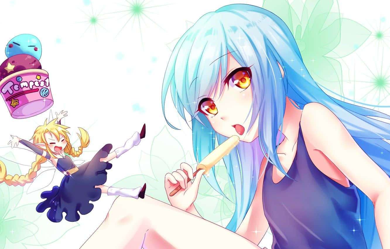 That Time I Got Reincarnated As A Slime 桌布 壁紙 — 一位藍髮琥珀色眼睛的動漫女孩享受著冰棒，而一個較小的仙女般角色在一個巨大的冰淇淋容器旁跳舞。