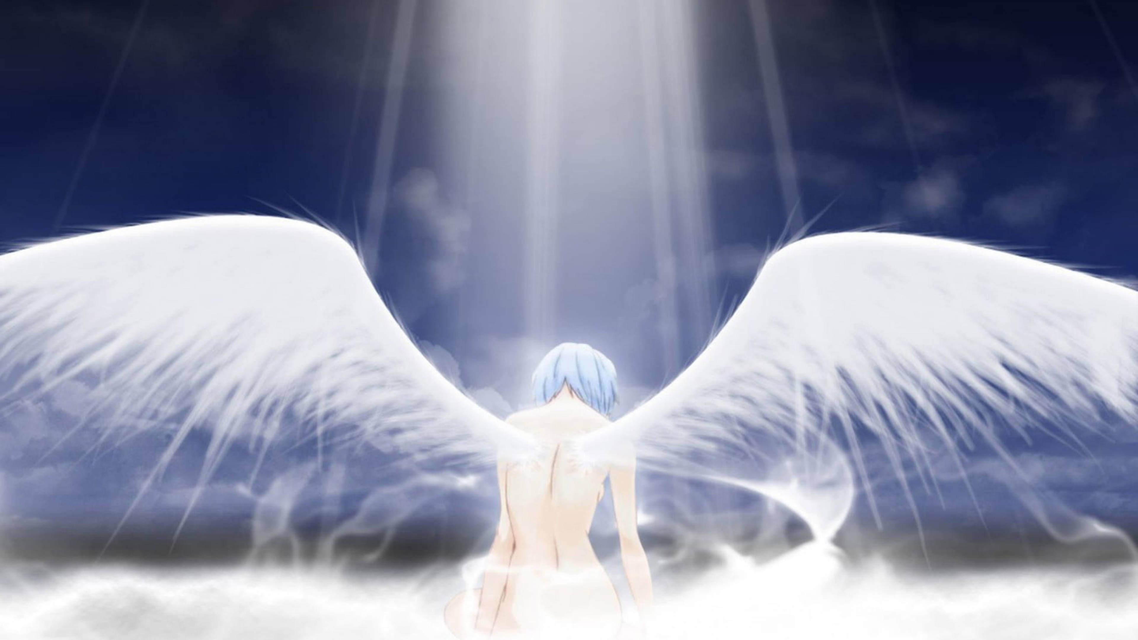 rei ayanami 桌布 壁紙 — 一位藍髮白翼的動漫天使站在雲端上，神聖的光芒從黑暗的天空中照射下來。