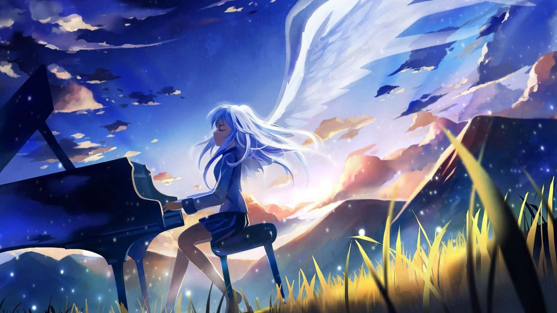 Sad Anime Art 桌布 壁紙 — 一位藍髮白翼的動漫女孩在星光燦爛的暮色天空下，在發光的草地上彈奏三角鋼琴。