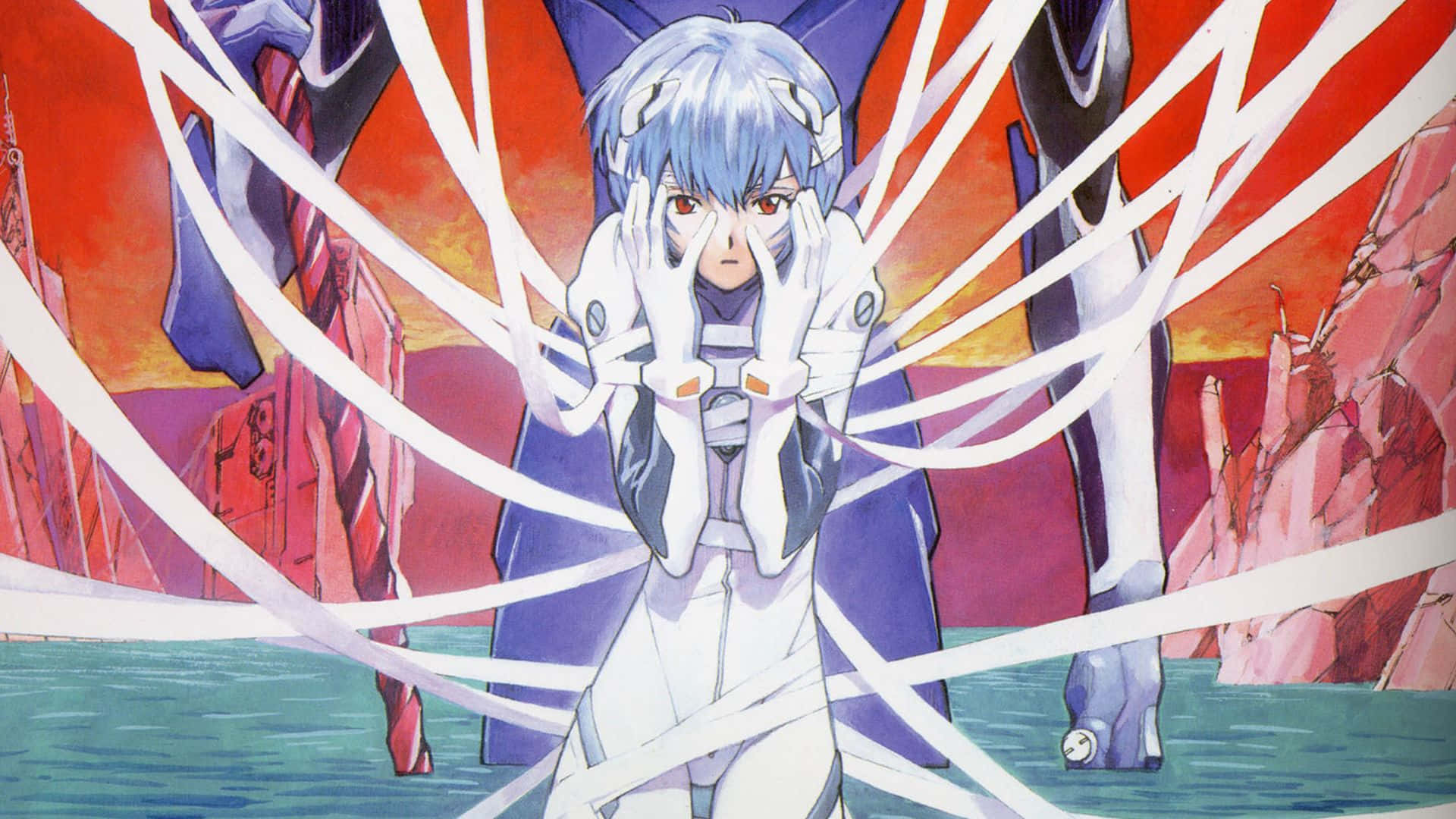 rei ayanami 桌布 壁紙 — 一位藍髮的動漫女孩穿著白色西裝，雙手遮臉，白色絲帶在她周圍旋轉，背景是火紅和橙色的日落。
