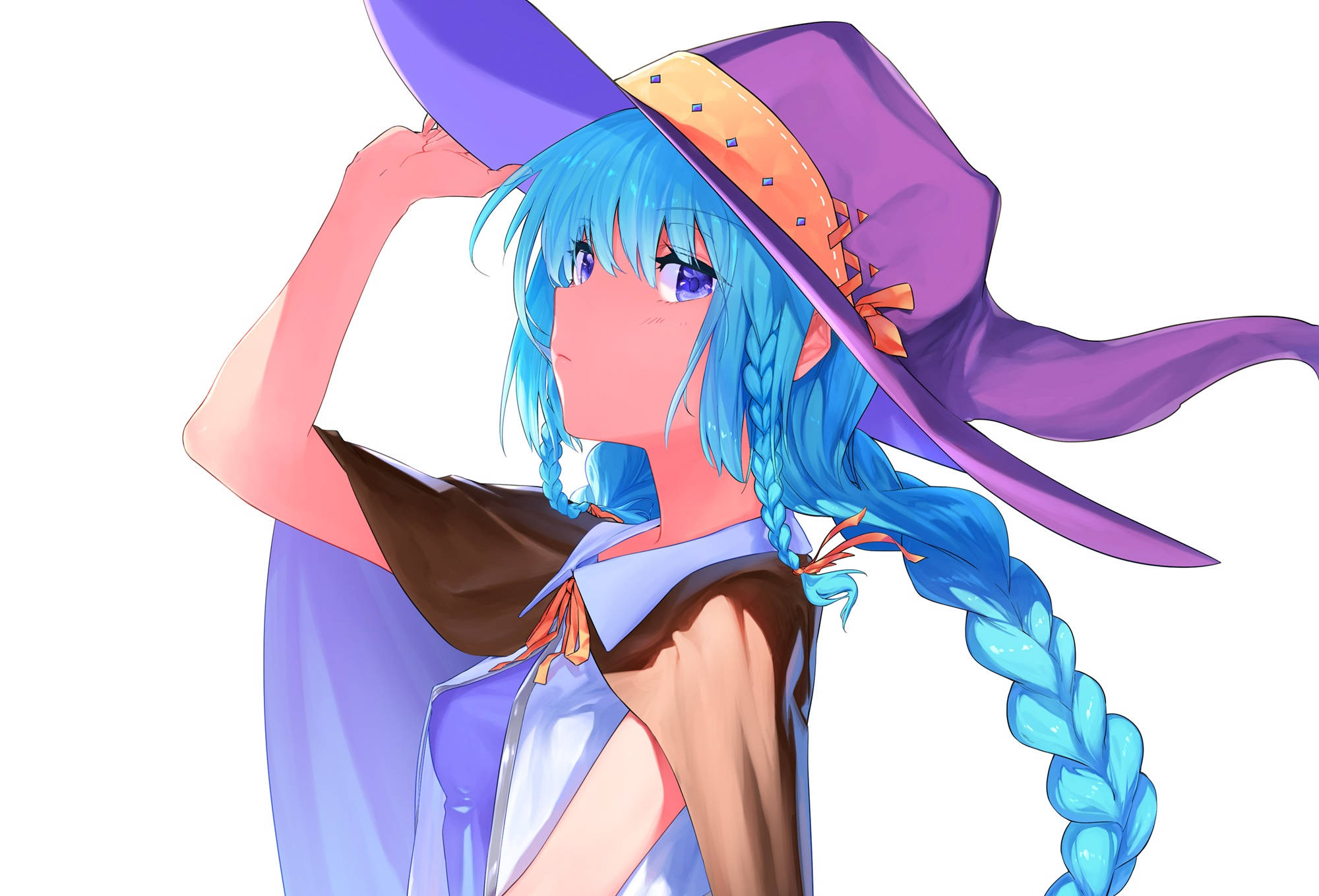 Mushoku Tensei 桌布 壁紙 — 一位藍髮的動漫女巫，戴著紫色帽子和斗篷，溫柔地微笑著調整帽子。