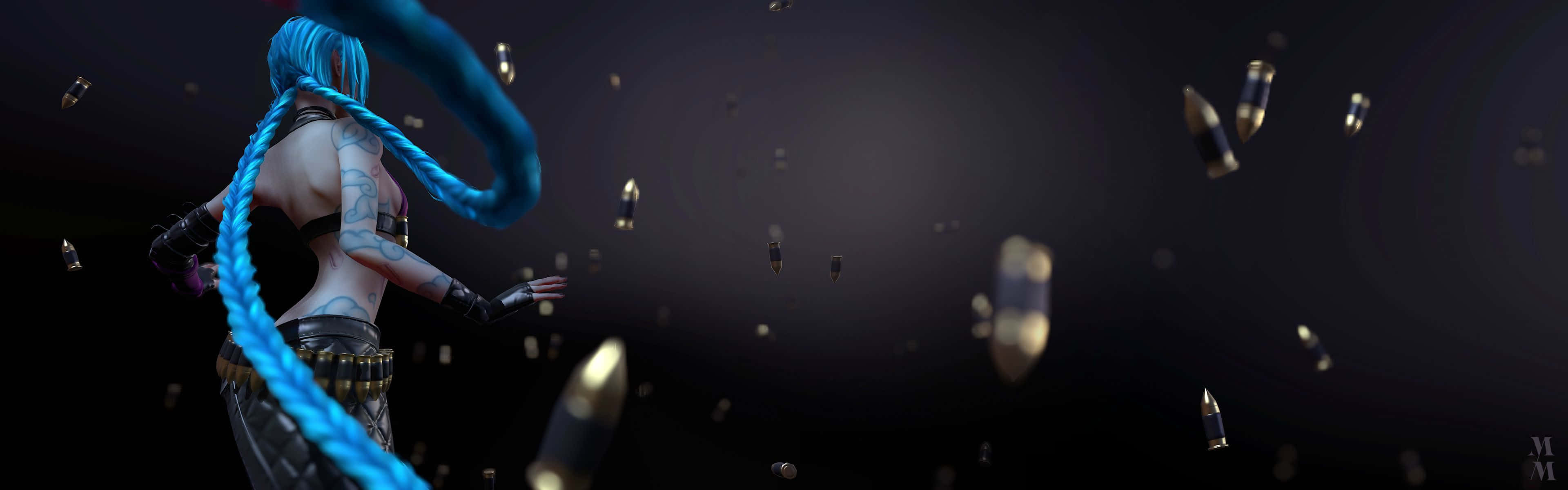 3840x1080 龍珠 桌布 壁紙 — 一位藍髮的動漫戰士，身上有刺青和皮革裝備，站在黑暗虛空中，金色子彈在她周圍飛舞。