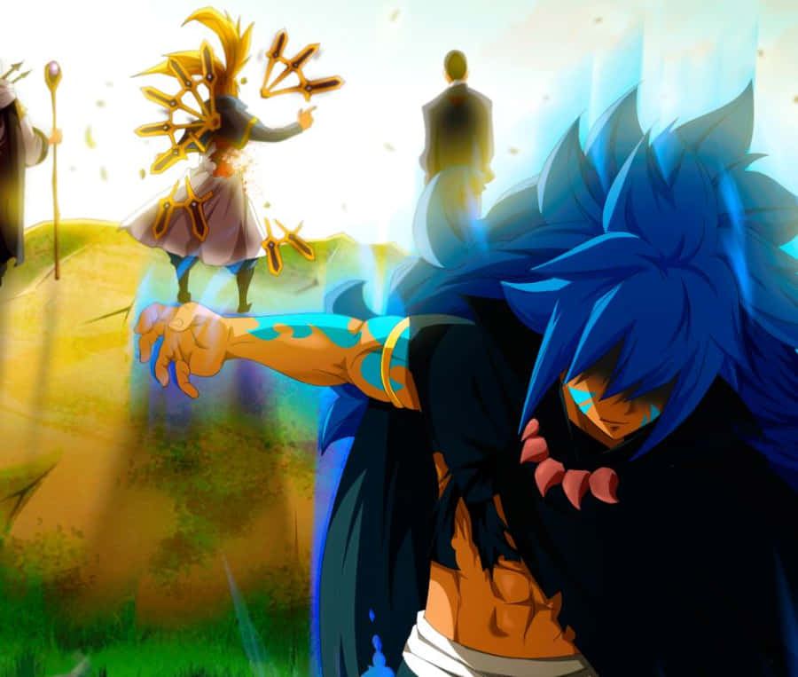 Acnologia 桌布 壁紙 — 一位藍髮的動漫戰士，身上有發光的刺青，在陽光明媚的田野中向一個揮舞著星形魔法的金色光芒人物伸出手臂。