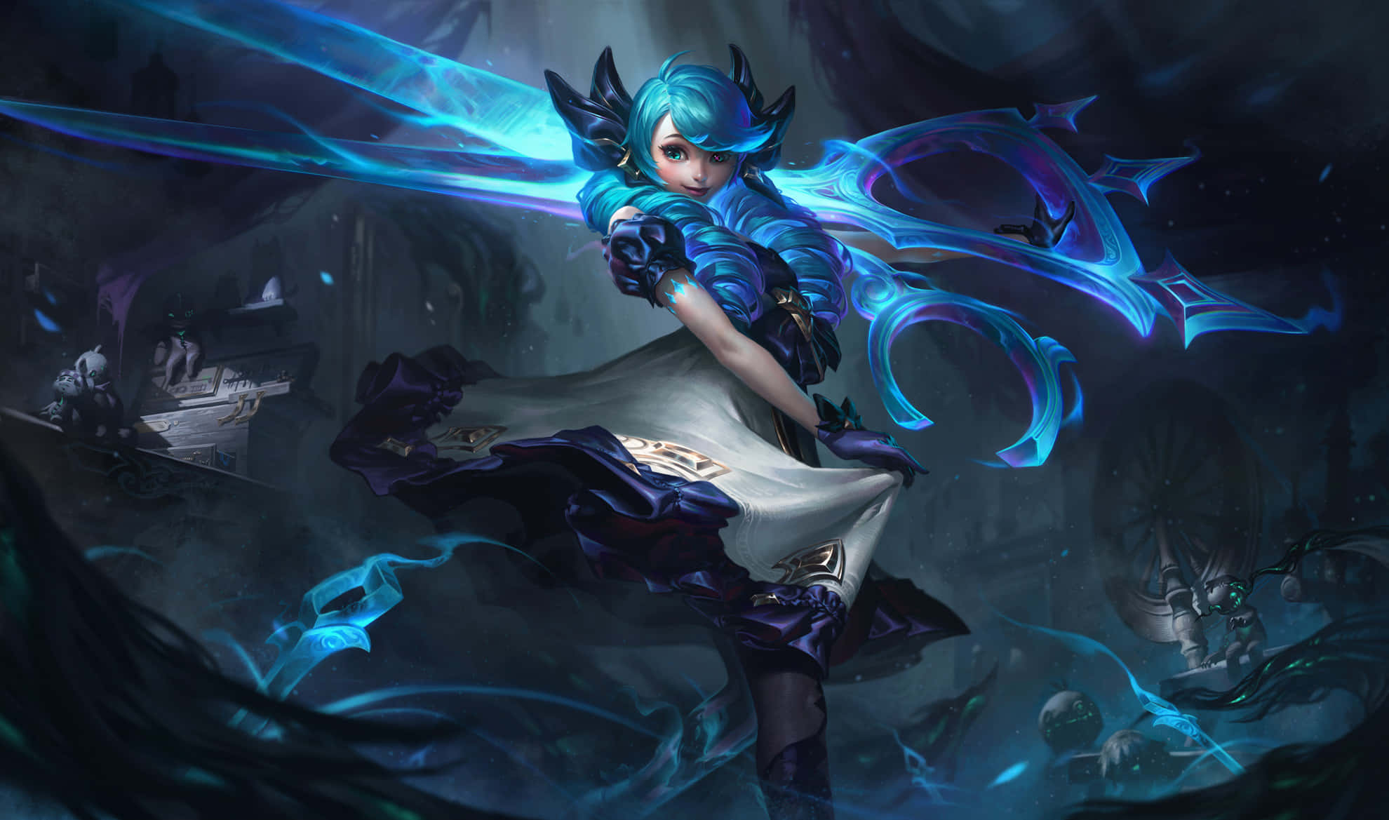 Best League Of Legends 桌布 壁紙 — 一位藍髮的奇幻動漫女孩在黑暗廢墟和漂浮的幽靈身影中揮舞著發光的藍色劍。