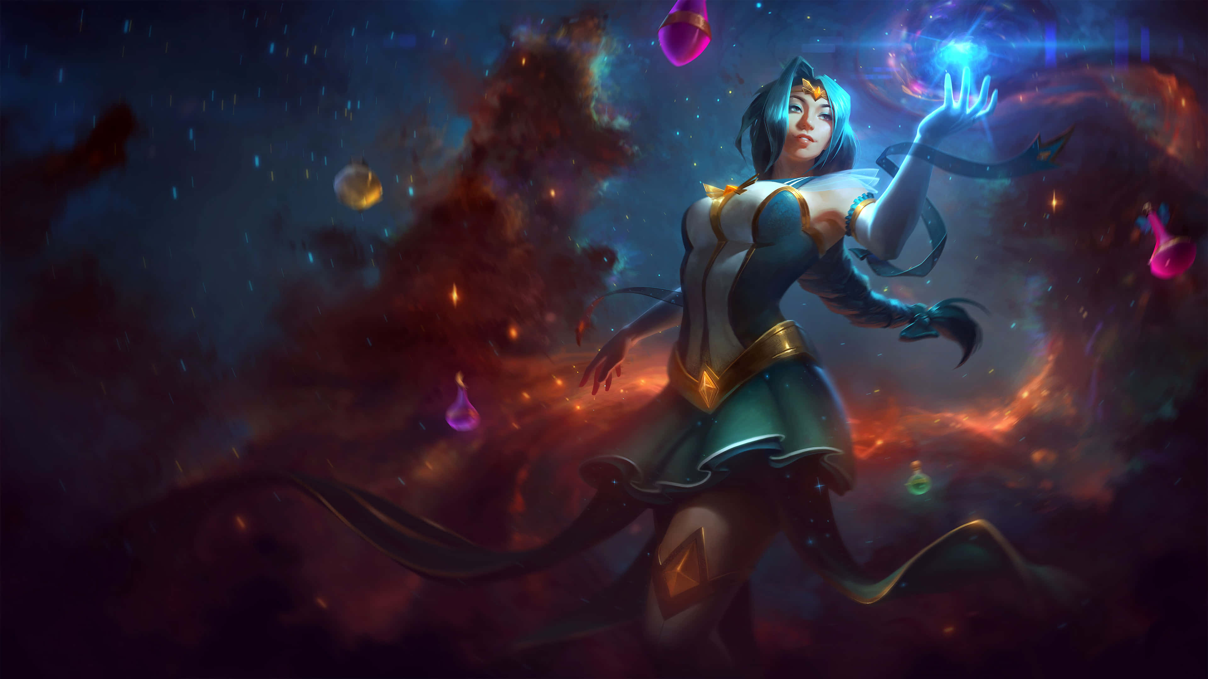Smite 桌布 壁紙 — 一位藍髮的奇幻動漫女性在宇宙星雲背景下揮舞著發光的魔法球。