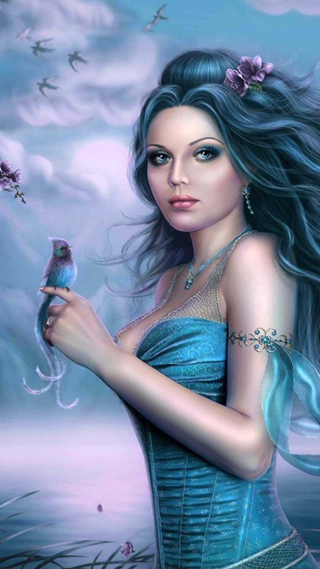 少女風 桌布 壁紙 — 一位藍髮的寧靜女子身穿青綠色長袍，在夢幻的天空中抱著一隻小鳥，周圍有漂浮的花朵和鳥兒。