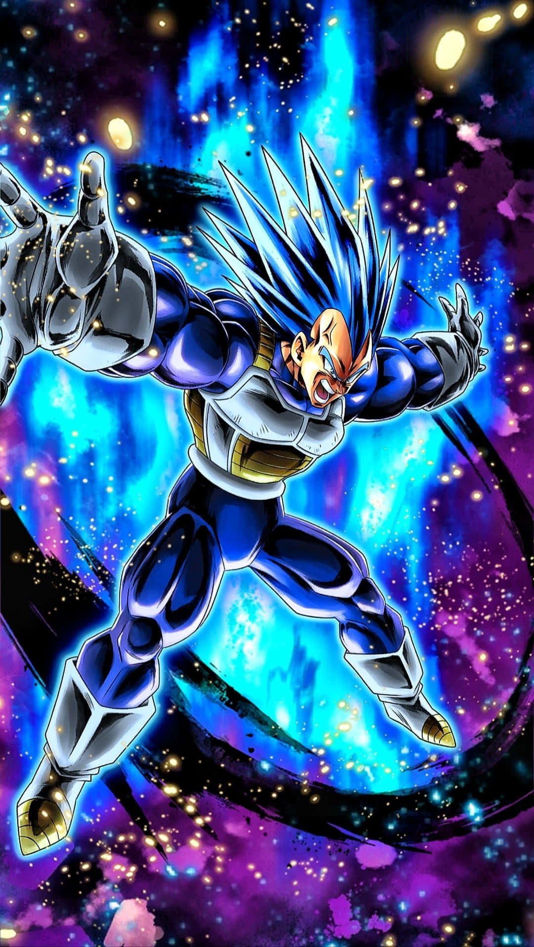 Vegeta's Final Flash 桌布 壁紙 — 一位藍髮的賽亞戰士以戰鬥姿態在宇宙星空背景下散發能量。