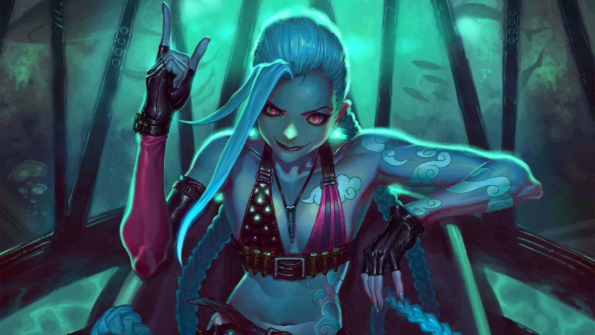 Jinx 桌布 壁紙 — 一位藍髮紅眼、帶有刺青的動漫女孩，在發光的綠色環境中自信地在水下擺姿勢。