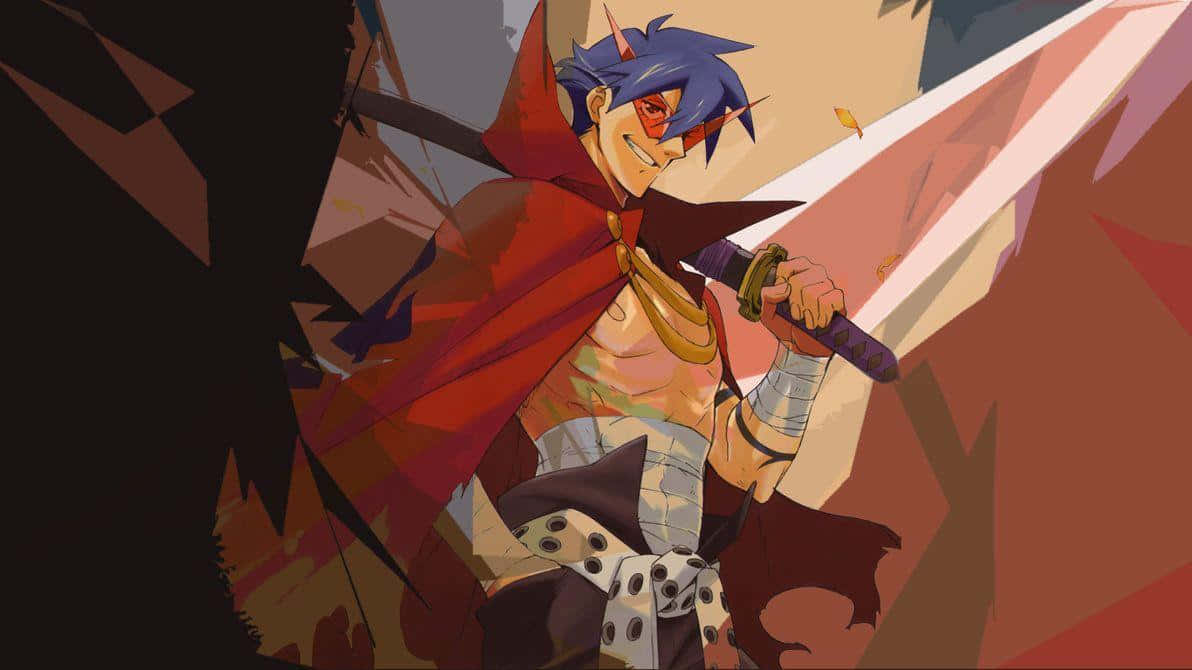 Gurren Lagann Kamina 桌布 壁紙 — 一位藍髮紅眼的動漫戰士在火焰幾何陰影中揮舞著劍。