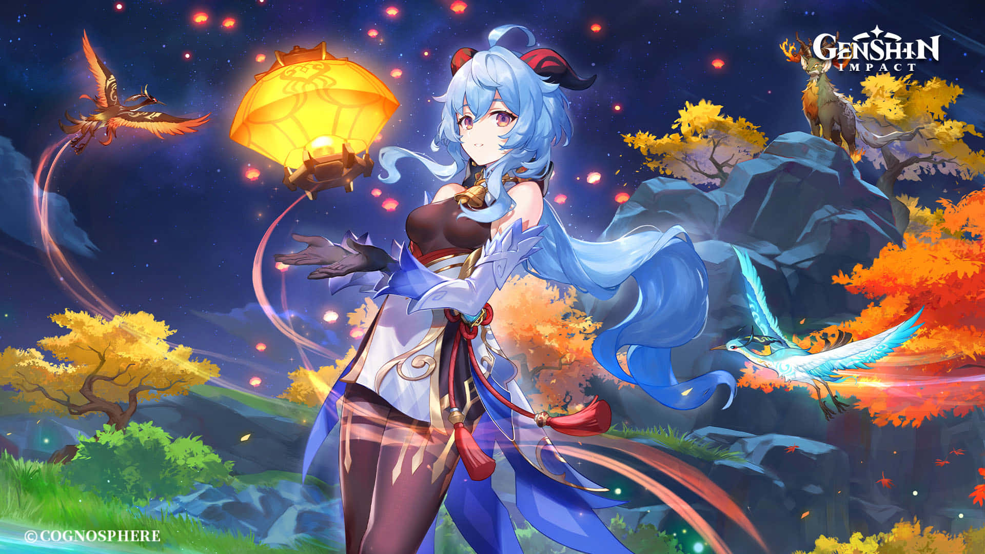 Genshin 桌布 壁紙 — 一位藍髮紅角的動漫女孩在星空下，於秋樹和飛鳥之間手持發光燈籠。
