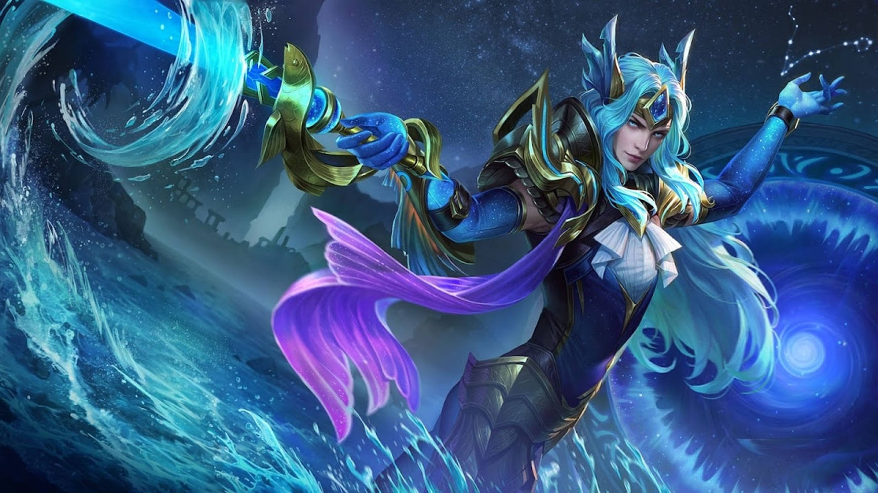 Mobile Legends 動態圖 桌布 壁紙 — 一位藍髮紫尾的奇幻戰士，在星空下旋轉的宇宙水域中揮舞著發光的劍。