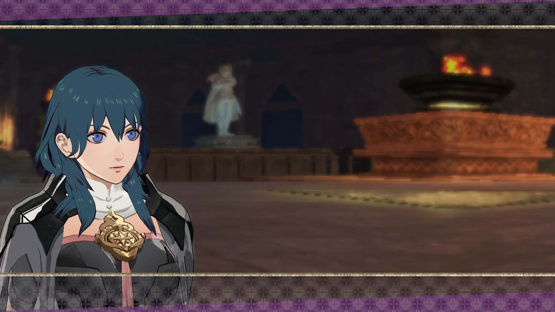 藍髮動漫女孩在寺廟中，背景有燃燒的火盆和雕像 — Fire Emblem Warriors 壁紙