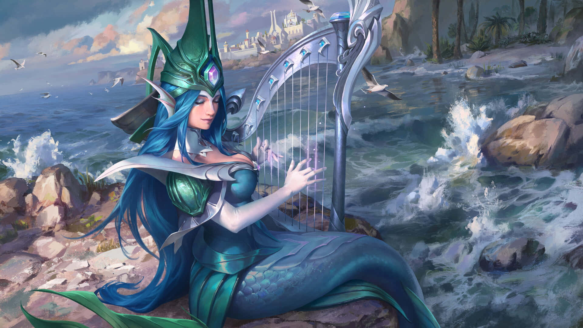 美人魚 桌布 壁紙 — 一位藍髮綠甲的寧靜美人魚在岩石海岸上彈奏銀色豎琴，海浪拍打，海鷗翱翔。