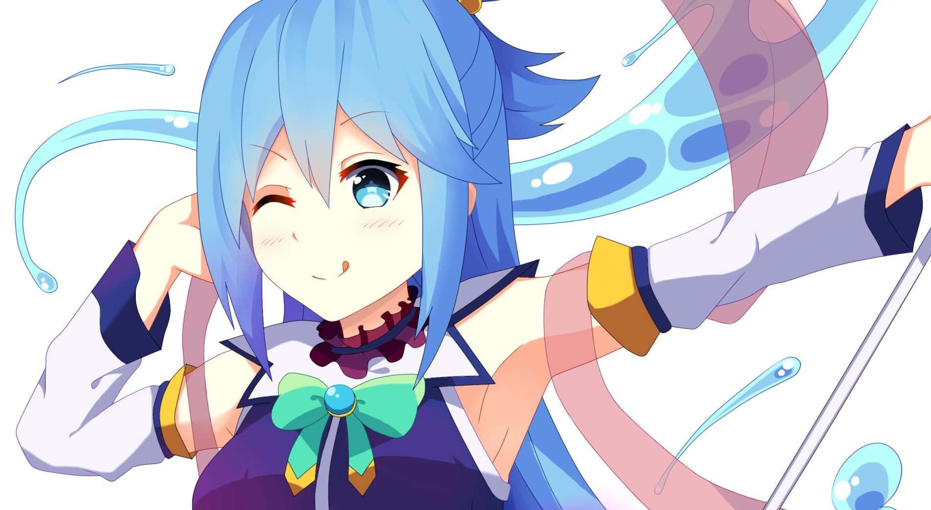 Konosuba God's Blessing On This Wonderful World 桌布 壁紙 — 一位藍髮綠蝴蝶結的開心動漫女孩，手持被水滴包圍的法杖，眨著眼。