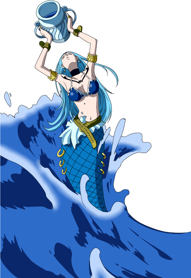 aquarius 桌布 壁紙 — 一位藍髮美人魚穿著藍色比基尼和魚尾，從破碎的波浪中浮現，高舉水壺，背景為黑色。