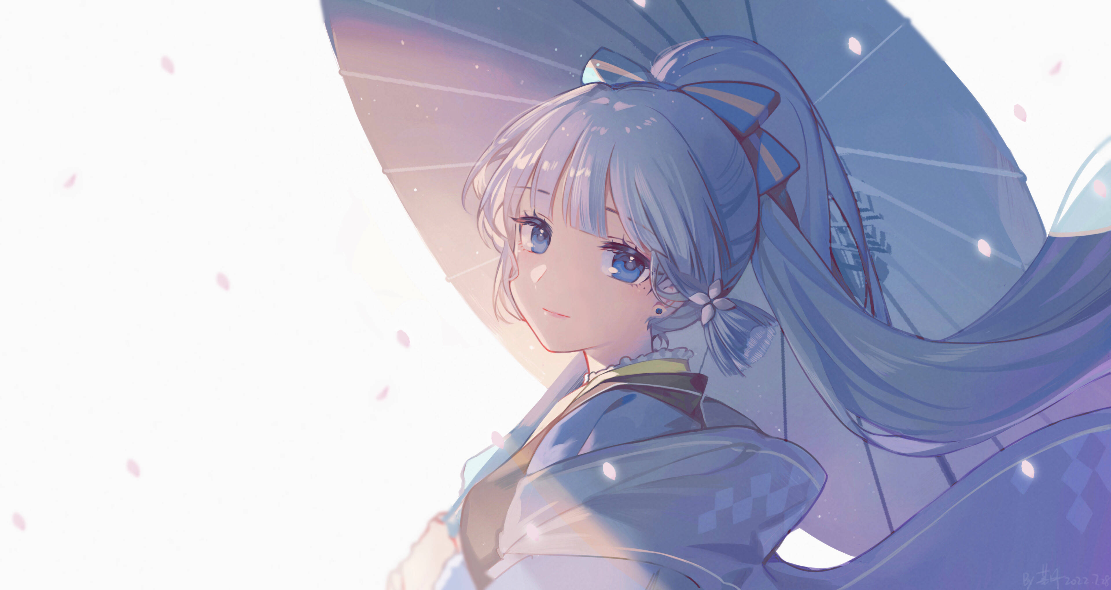 電玩遊戲 桌布 壁紙 — 一位藍髮藍眼的寧靜動漫女孩，在柔和的粉彩光線中，手持相配的雨傘，櫻花飄過。