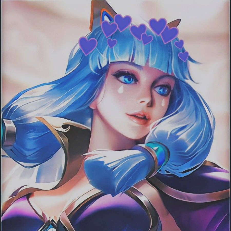 Guinevere 桌布 壁紙 — 一位藍髮貓耳動漫女孩，頭上有紫色愛心，穿著華麗盔甲輕輕哭泣。
