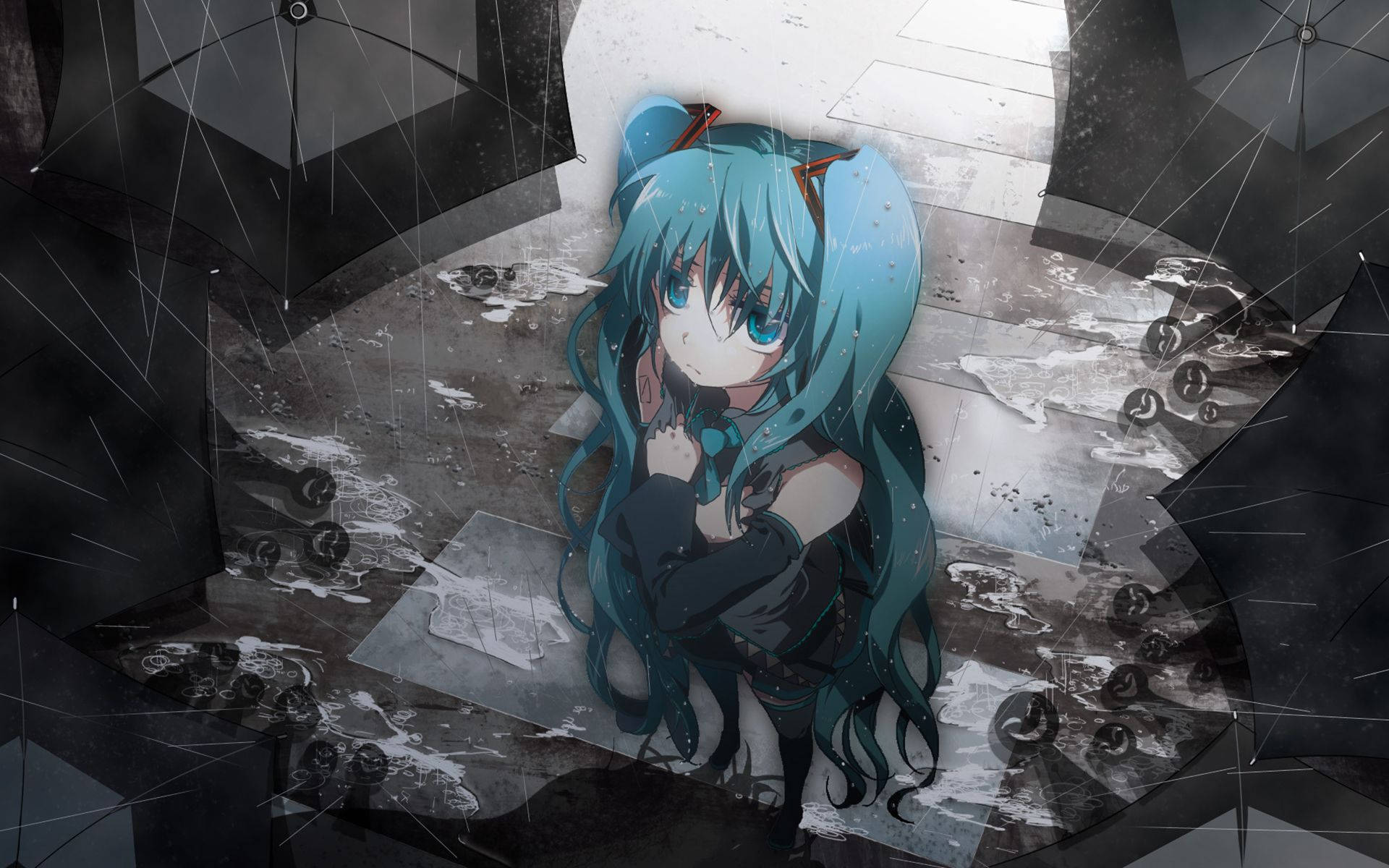 藍髮貓耳動漫女孩坐在雨中小巷，周圍有破傘。 — 動漫繪圖 GIF 壁紙