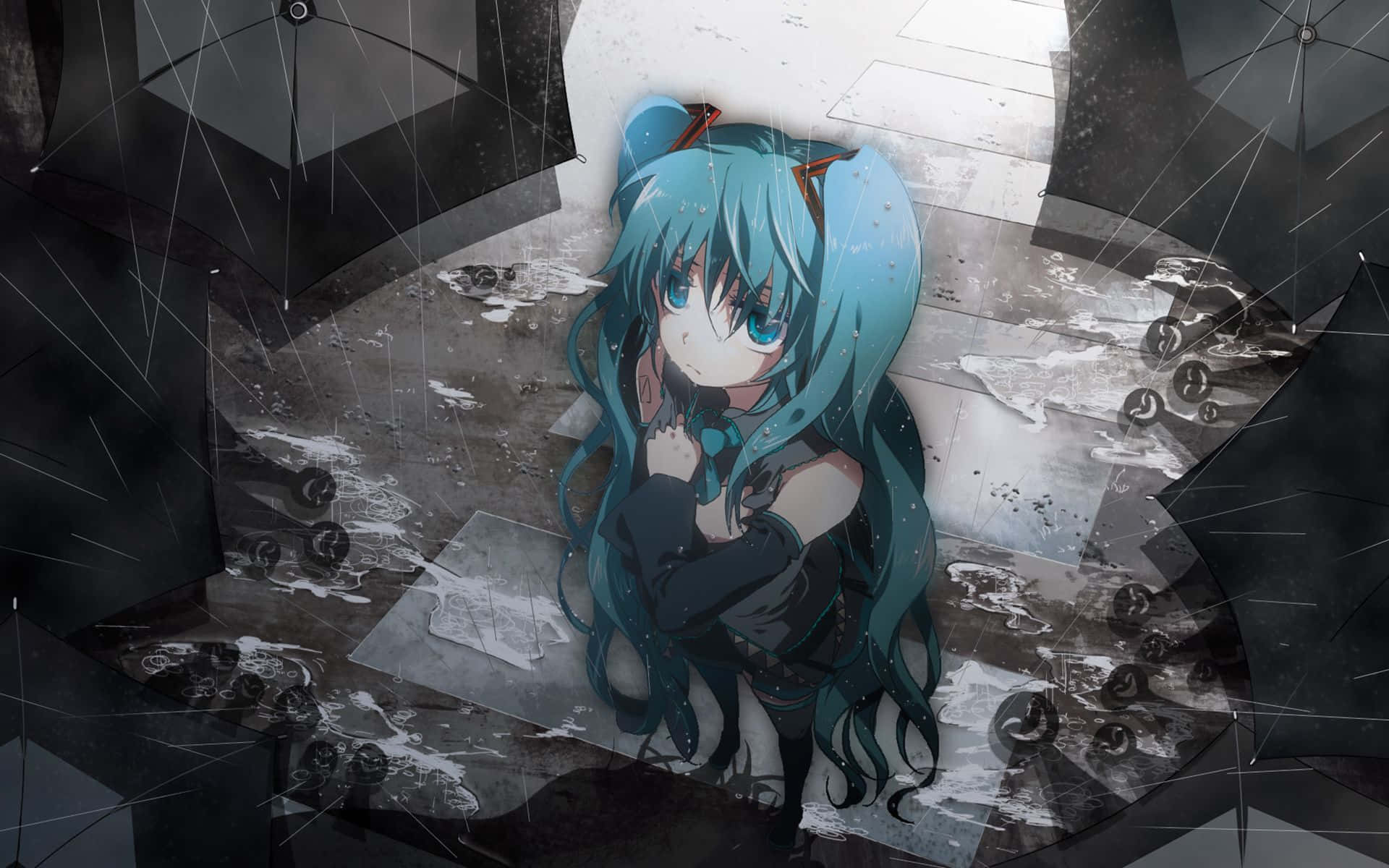 初音未來 桌布 壁紙 — 一位藍髮貓耳動漫女孩蜷縮在破碎的雨傘下，身處一個下雨的破碎玻璃世界。