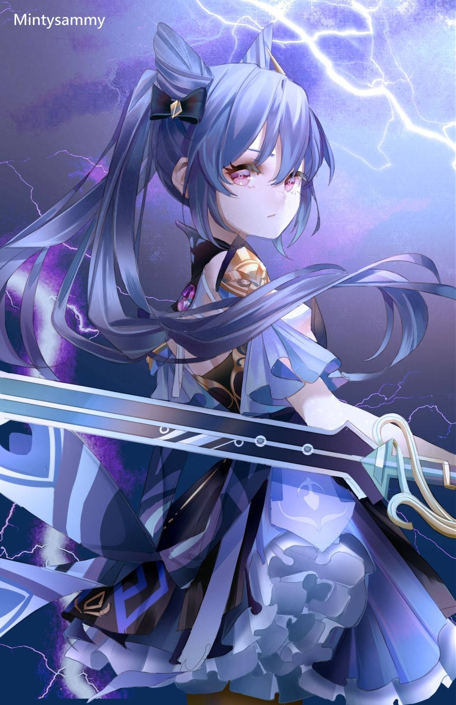 skin 桌布 壁紙 — 一位藍髮貓耳動漫少女在閃電交加的暴風雨紫色天空中揮舞著發光的劍。