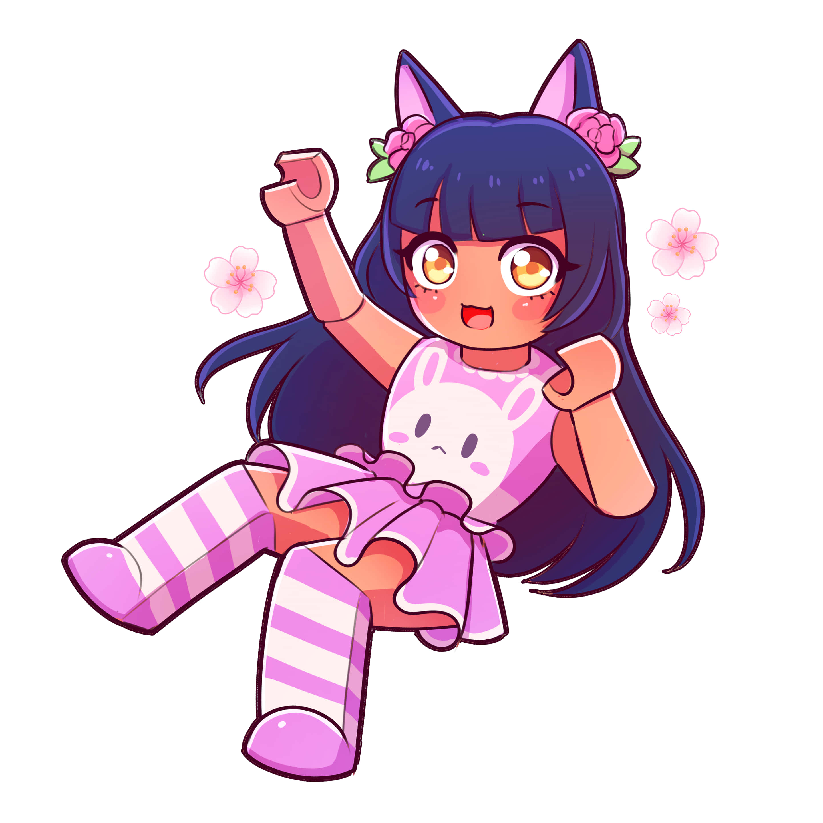 Aphmau 桌布 壁紙 — 一位藍髮貓耳的可愛動漫女孩，穿著粉紅色兔子裝和條紋襪子，開心地揮手。
