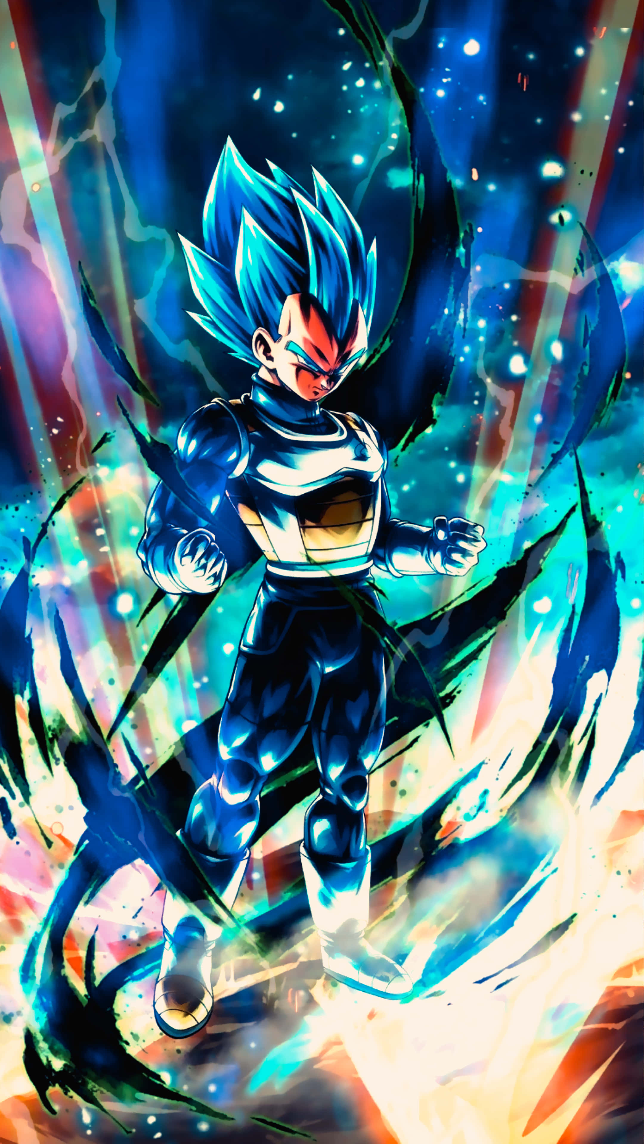 Cool Vegeta 桌布 壁紙 — 一位藍髮賽亞人戰士以戰鬥姿勢散發能量，背景是充滿條紋和發光粒子的宇宙場景。