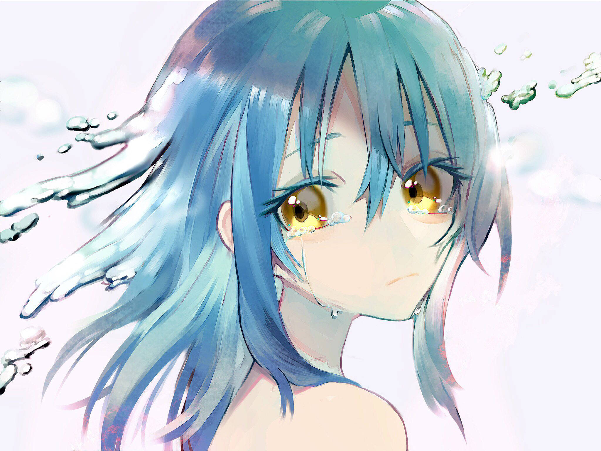 Rimuru 桌布 壁紙 — 一位藍髮金眼的動漫女孩流下眼淚，水滴在她周圍飛濺，營造出柔和夢幻的場景。