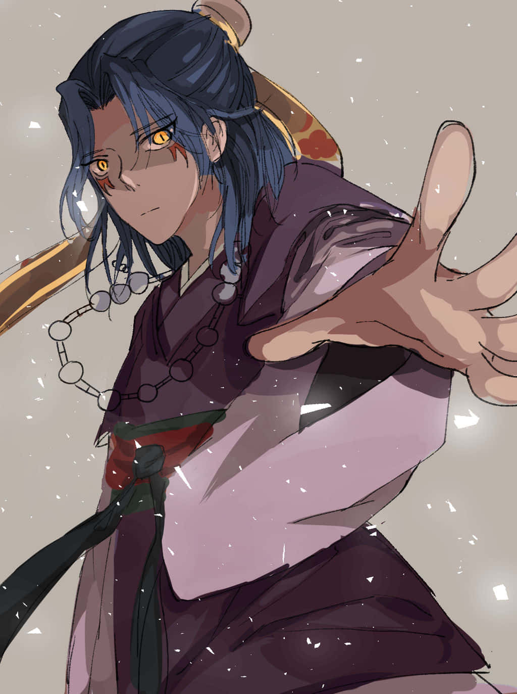 Shichinintai 桌布 壁紙 — 一位藍髮金眼的動漫戰士向前伸出手，同時將武士刀扛在肩上。