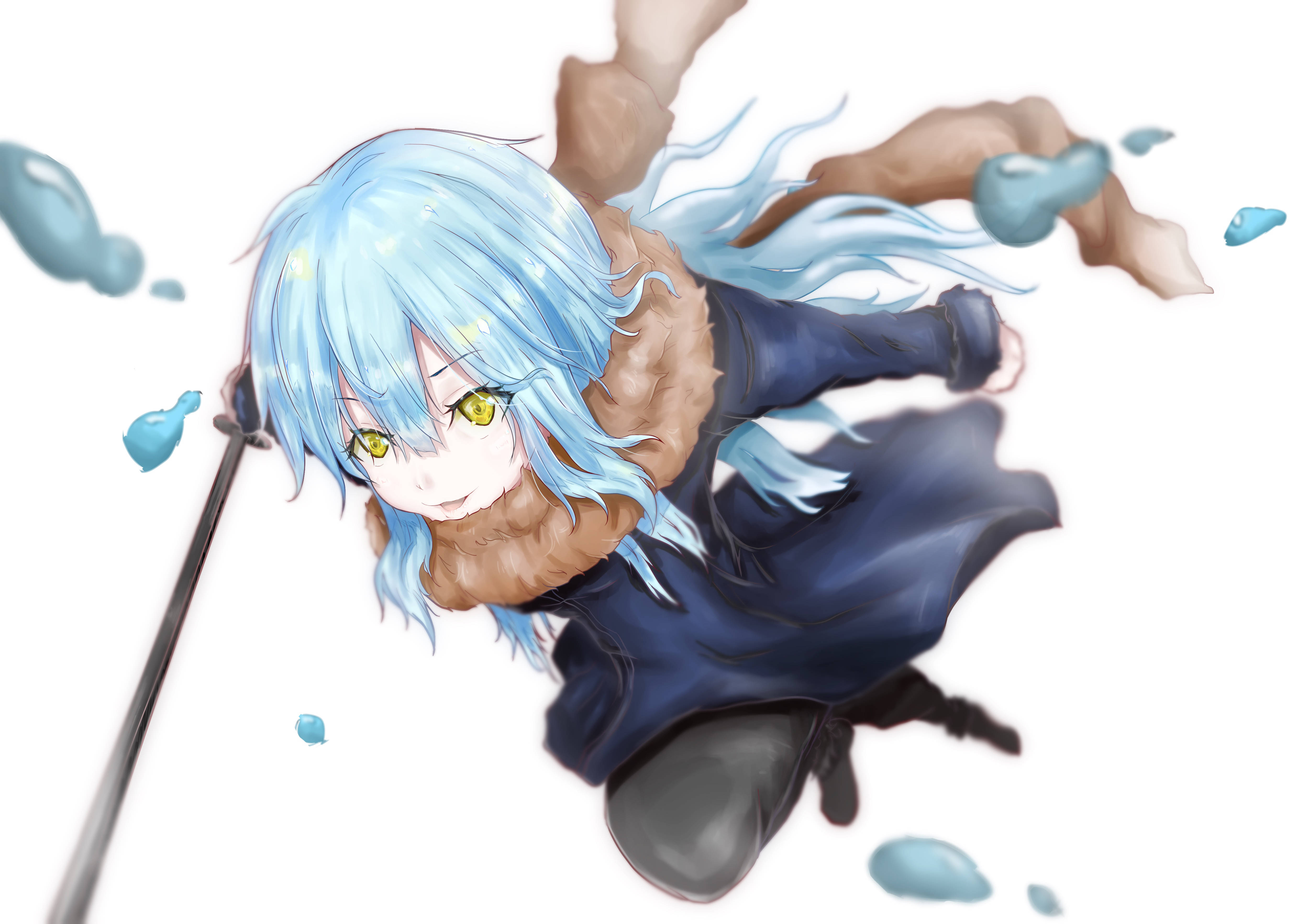 Rimuru 桌布 壁紙 — 一位藍髮黃眼的動漫女孩在白色背景上揮舞著劍，周圍漂浮著藍色水滴，面帶微笑。