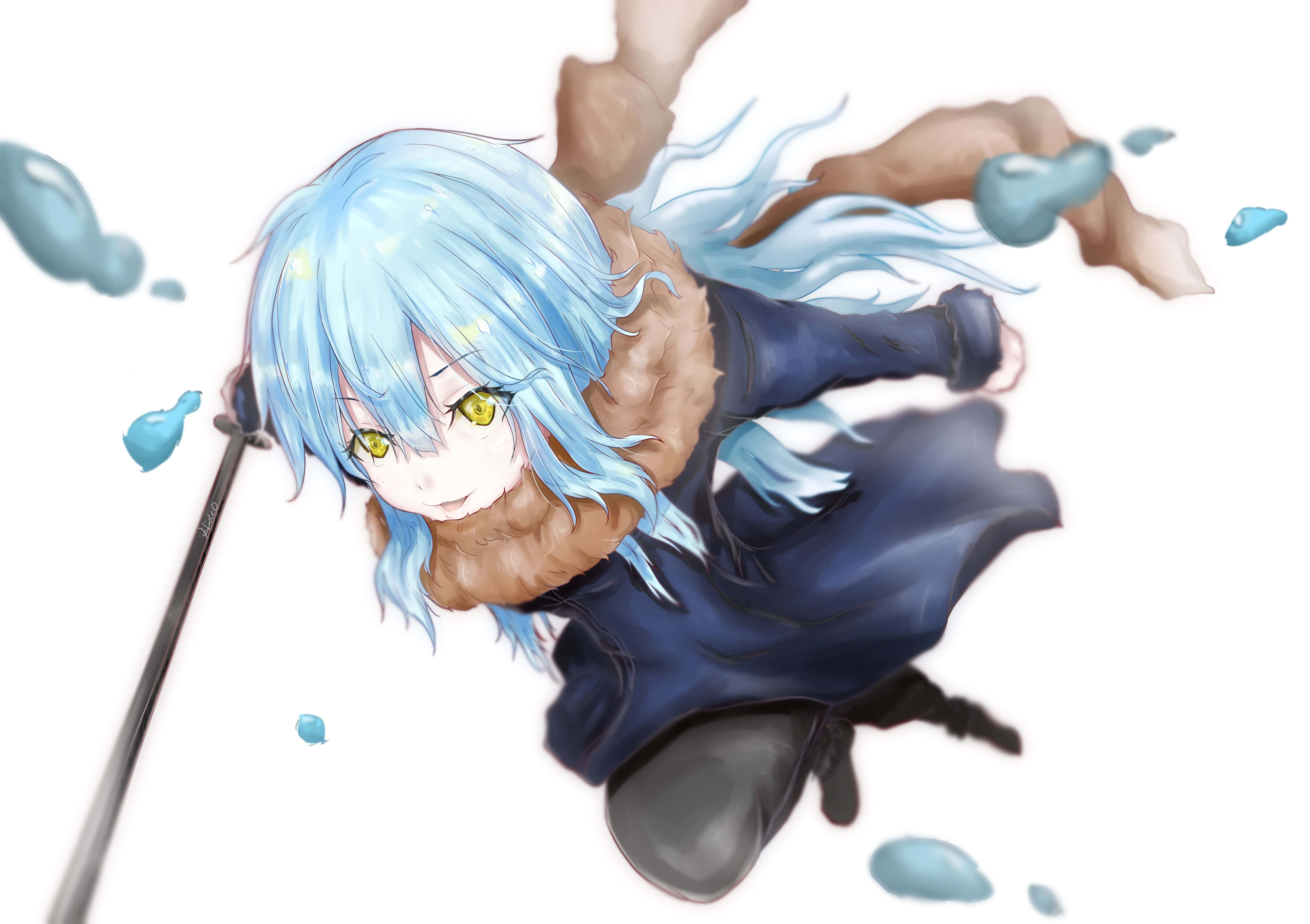 That Time I Got Reincarnated As A Slime 桌布 壁紙 — 一位藍髮黃眼的動漫女孩手持劍在空中墜落，藍色液體飛濺在她周圍。