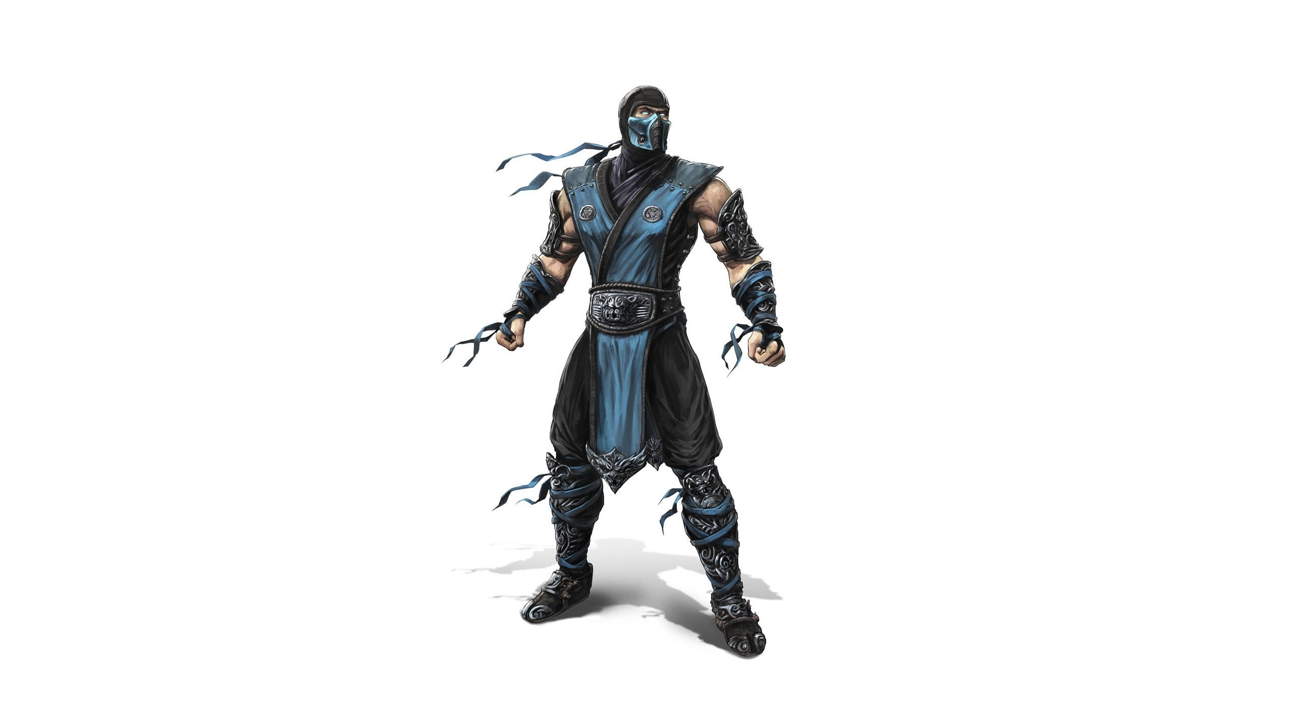 Sub-zero 桌布 壁紙 — 一位藍黑忍者戰士在純白背景下擺出戰鬥姿勢，帶有飄逸布料點綴。