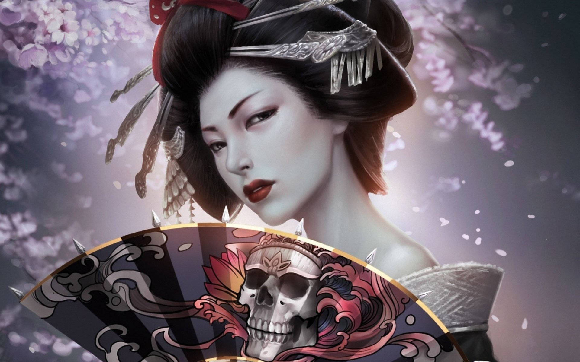 Geisha 桌布 壁紙 — 一位藝妓，華麗的頭髮和紅唇，手持一把帶有骷髏和花卉圖案的扇子，背景是飄落的櫻花。