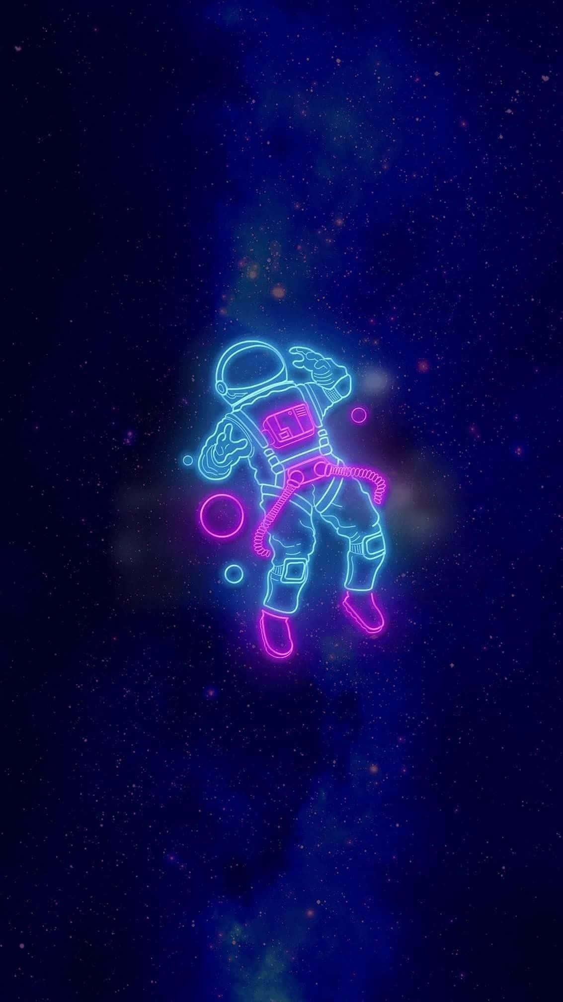 桌布 壁紙 — 一位螢光粉紅和青色的太空人在繁星點點的宇宙虛空中平靜漂浮，附近有發光的球體。
