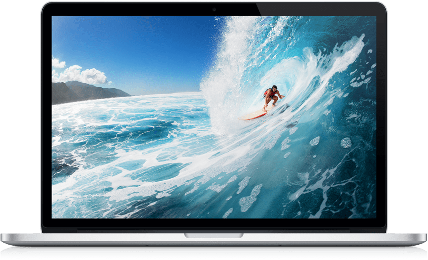 MacBook 桌布 壁紙 — 一位衝浪者在晴朗藍天和遠山背景下，騎乘著巨大的碧綠色海浪。