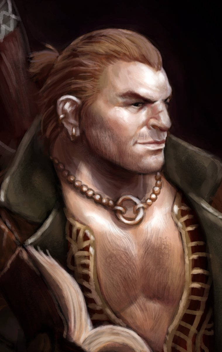 Dragon Age 桌布 壁紙 — 一位表情嚴肅的奇幻戰士，編織頭髮，戴著沉重的鏈條項鍊，在黑暗背景下凝視。