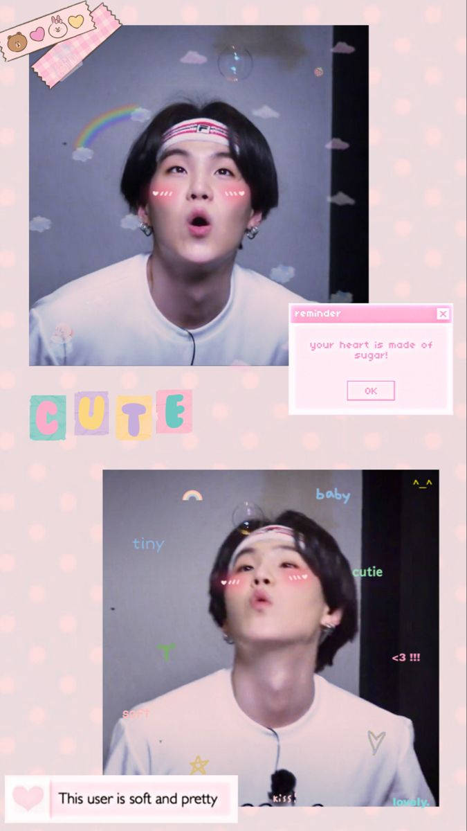 BTS 鎖定螢幕 桌布 壁紙 — 一位表情驚訝的年輕男子被俏皮的數位貼紙和柔和色調覆蓋層框住，呈現可愛美學。