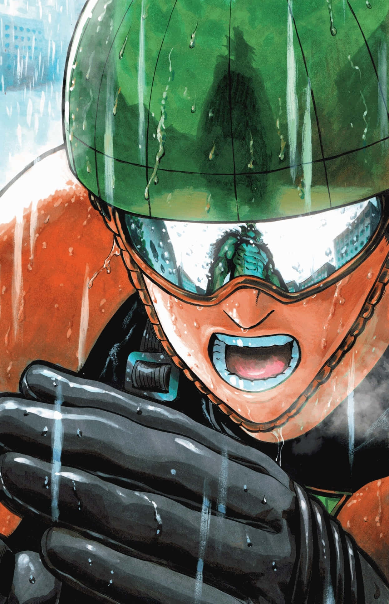 Mumen Rider 桌布 壁紙 — 一位被雨水濺濕的動漫賽車手，戴著綠色頭盔和橙色賽車服，在雨水順著面罩和手套流下時，堅定地大喊。