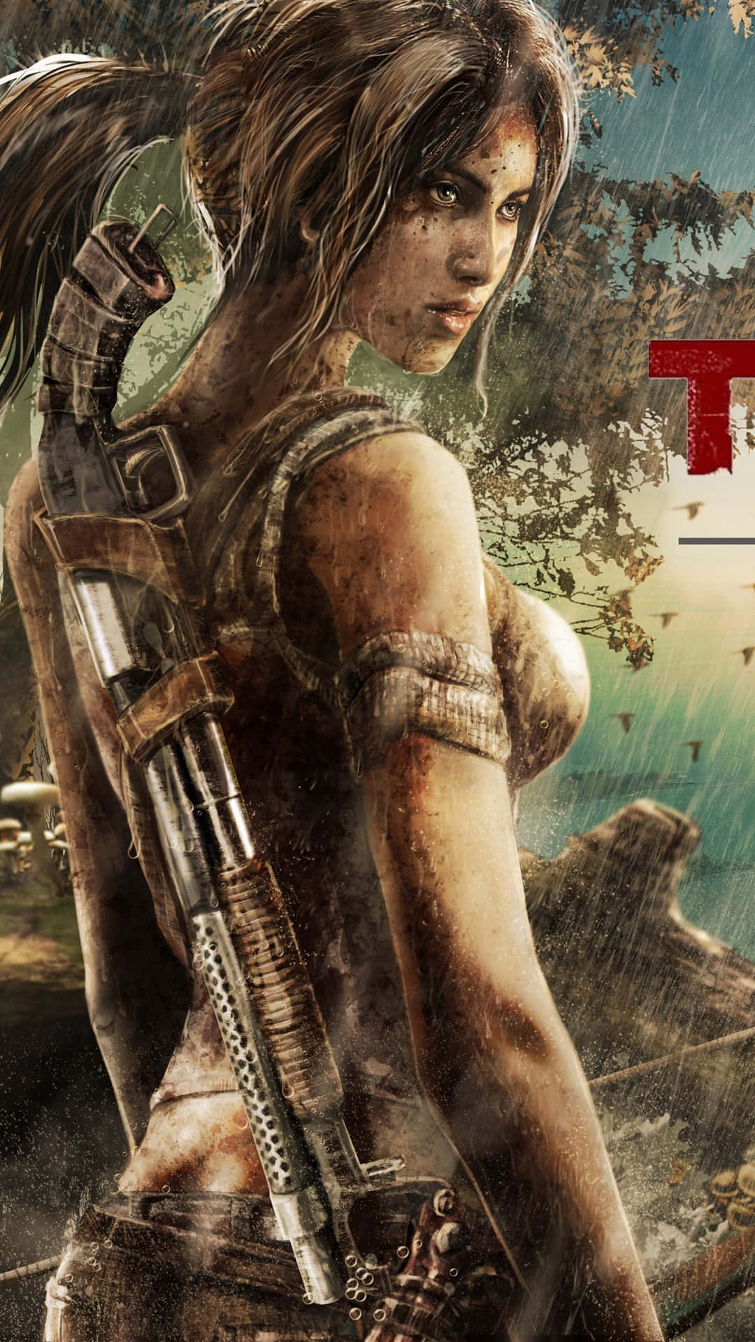 tomb raider iPhone 桌布 壁紙 — 一位被雨淋濕的冒險家肩上扛著步槍，站在叢林空地上，臉上沾滿泥巴，眼神堅定。