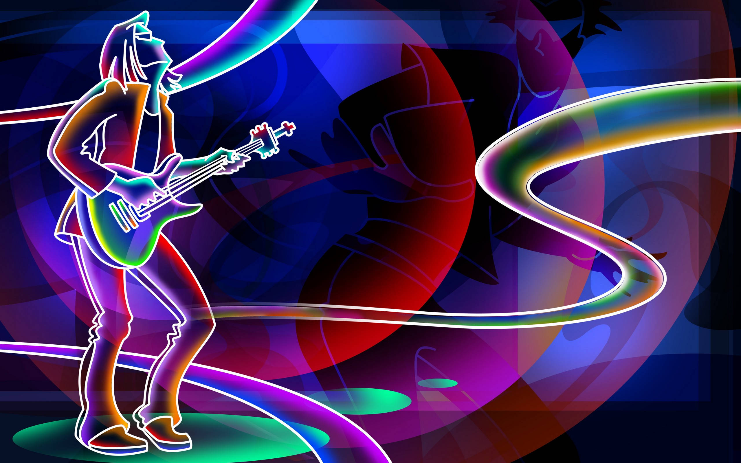 音樂 桌布 壁紙 — 一位被霓虹燈照亮的吉他手在色彩繽紛的漩渦抽象背景前彈奏電吉他。
