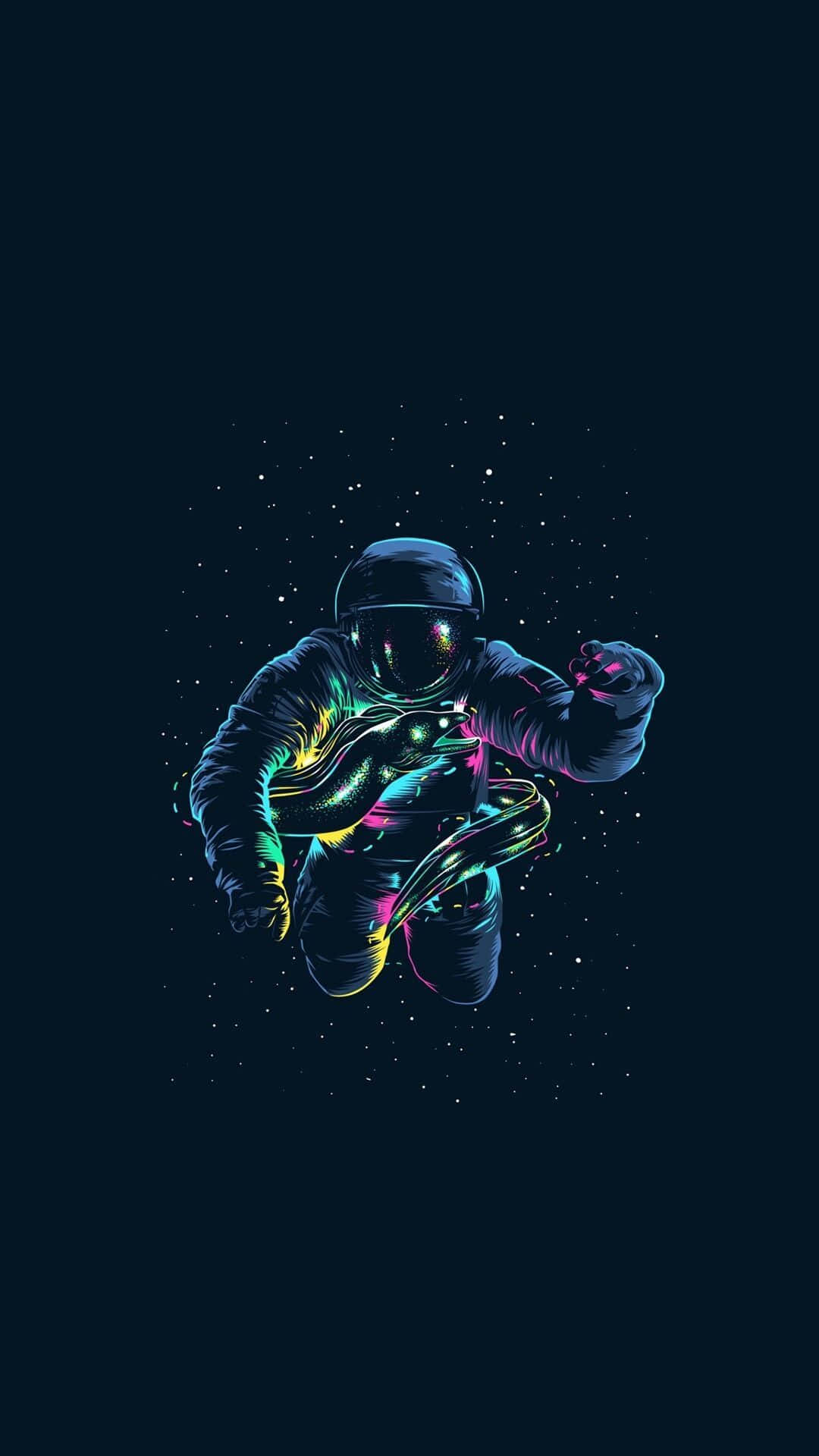 太空人 桌布 壁紙 — 一位被霓虹燈照亮的太空人在星空深藍背景下漂浮，留下發光的軌跡。