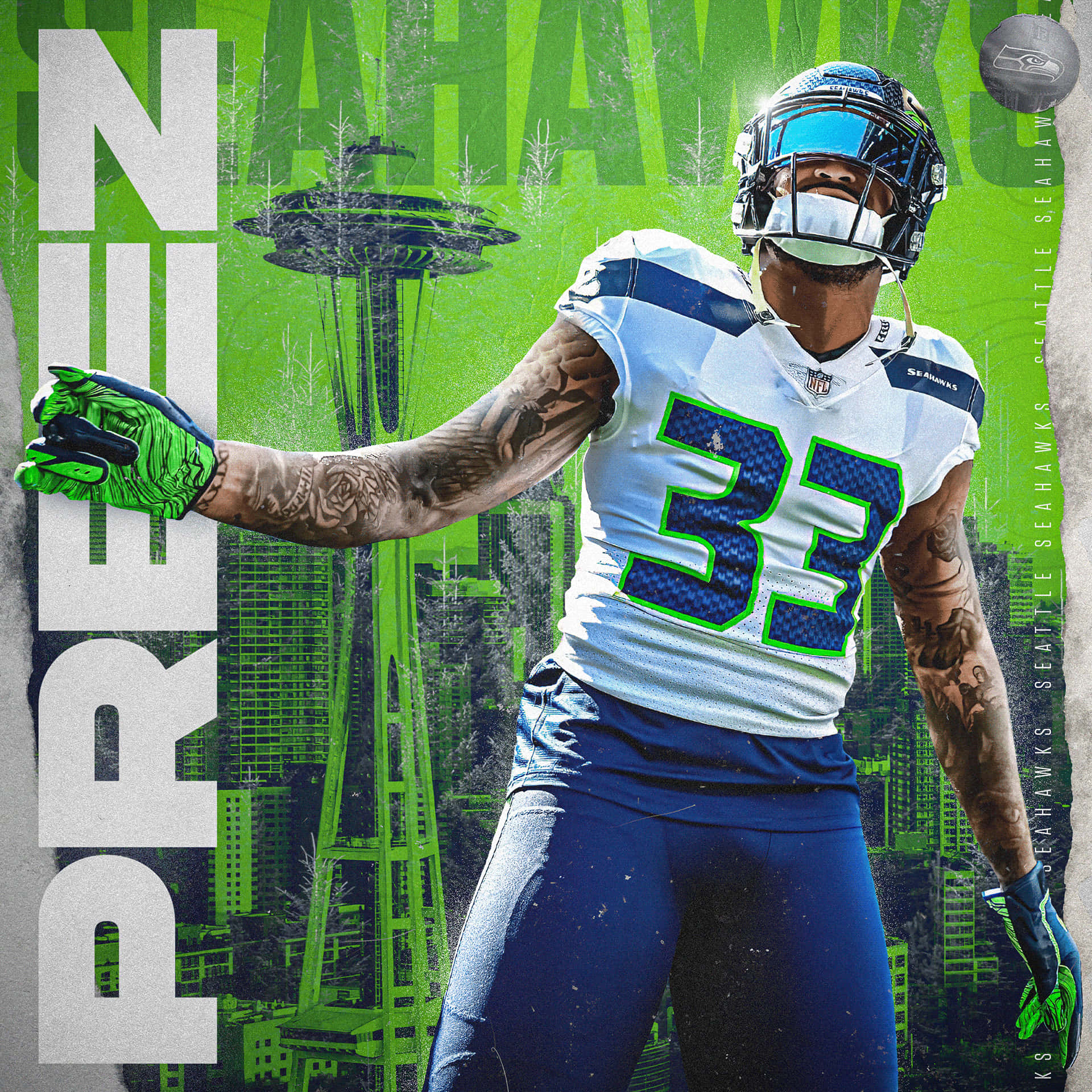 Seattle Seahawks 桌布 壁紙 — 一位西雅圖海鷹隊33號美式足球員自信地站在以太空針塔為背景的充滿活力的綠色城市景觀前。