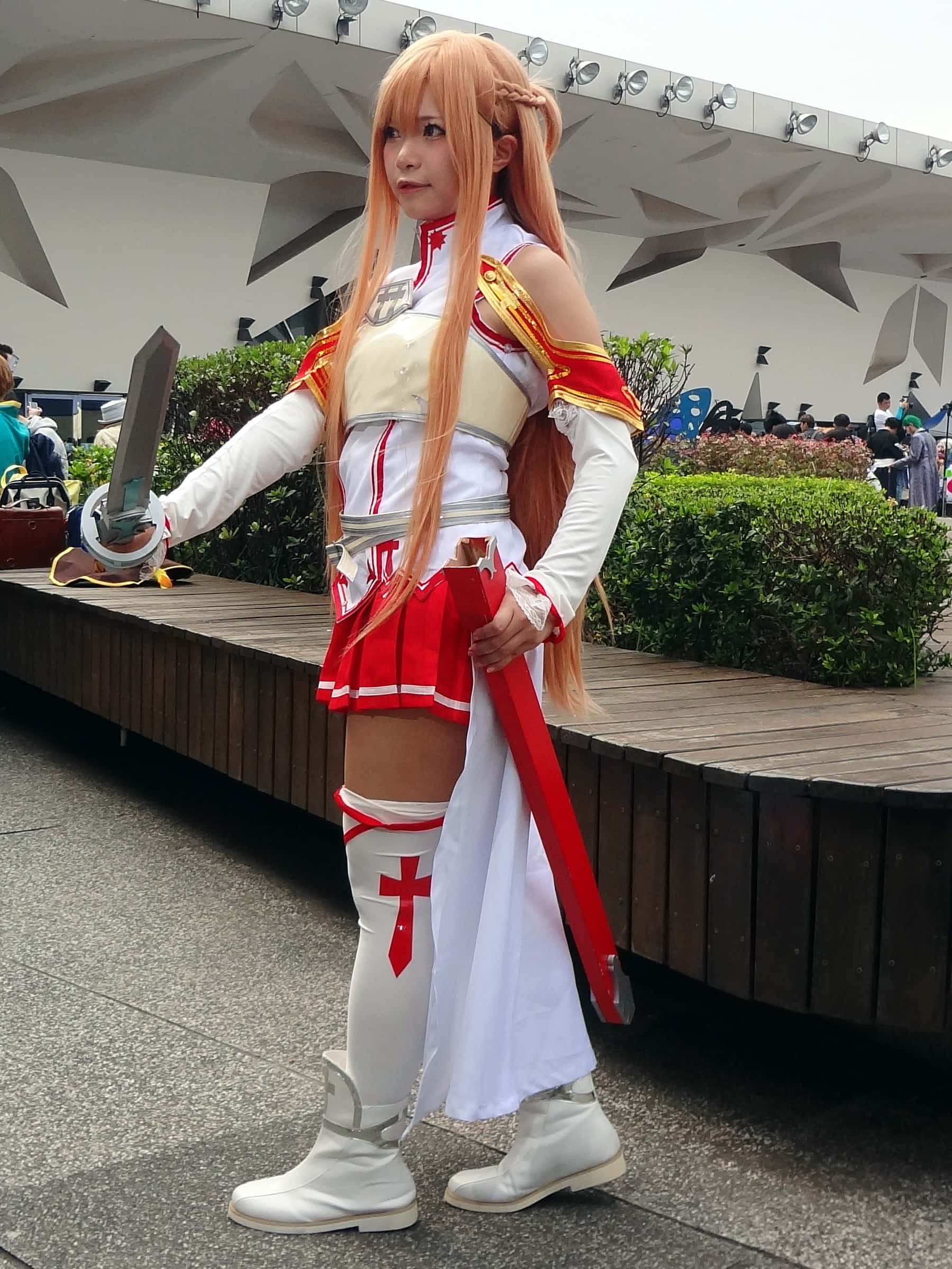 Sword Art Online Cosplay 桌布 壁紙 — 一位角色扮演者穿著精緻的動漫服裝，手持劍，自信地站在戶外的木製平台上。