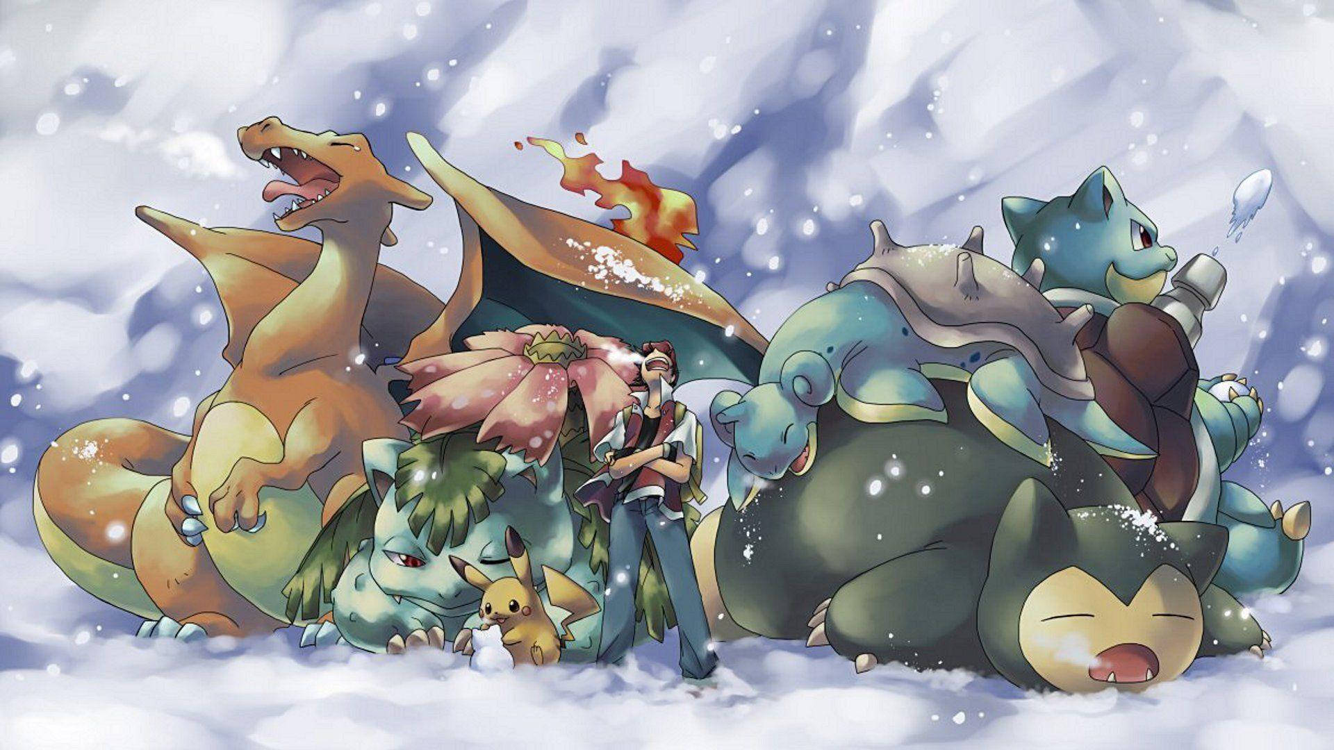 雪 桌布 壁紙 — 一位訓練家和他的寶可夢在雪景中依偎在一起，雪花在他們周圍飄落。