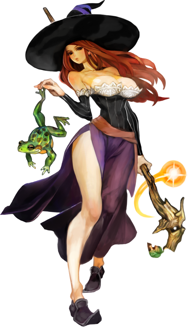 sorcery 桌布 壁紙 — 一位豐滿的動漫女巫，戴著黑色帽子，穿著紫色裙子，手持發光法杖，旁邊有一隻綠色青蛙。