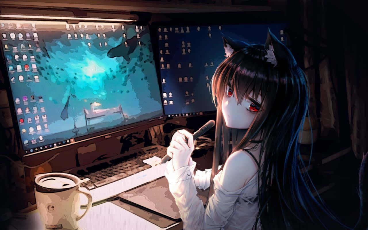 1280x800 桌布 壁紙 — 一位貓耳動漫女孩，紅眼睛，在昏暗的房間裡，在發光的顯示器下於雜亂的桌子上畫畫。